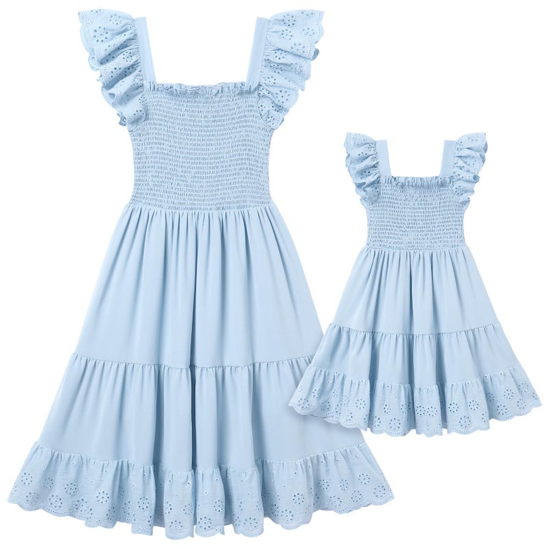 AWIBMK Mommy and Me Dress Boho Summer Casual Holiday Mother Daughter Matching Ruffle Sleeve A-line Tiered Smocked Dress Blue 2-3 Years - Image 2