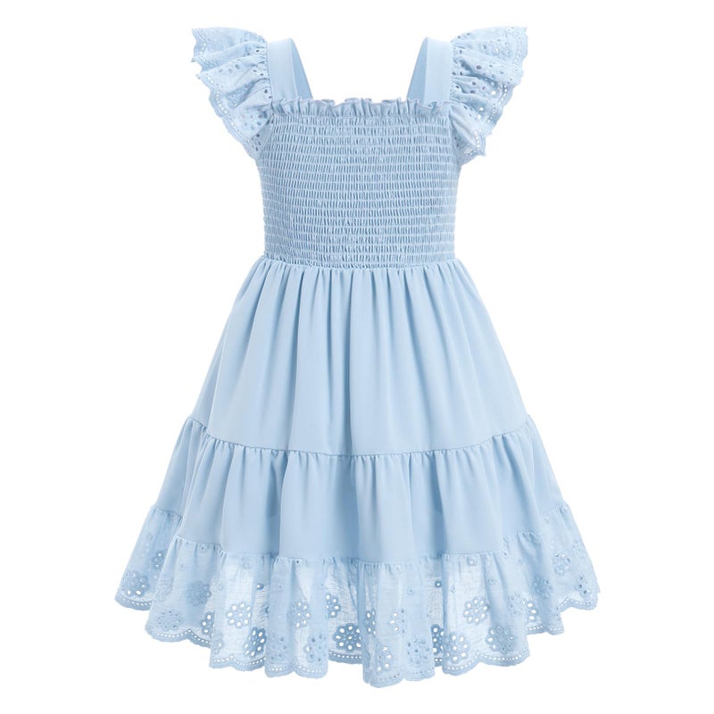 AWIBMK Mommy and Me Dress Boho Summer Casual Holiday Mother Daughter Matching Ruffle Sleeve A-line Tiered Smocked Dress Blue 2-3 Years - Image 5