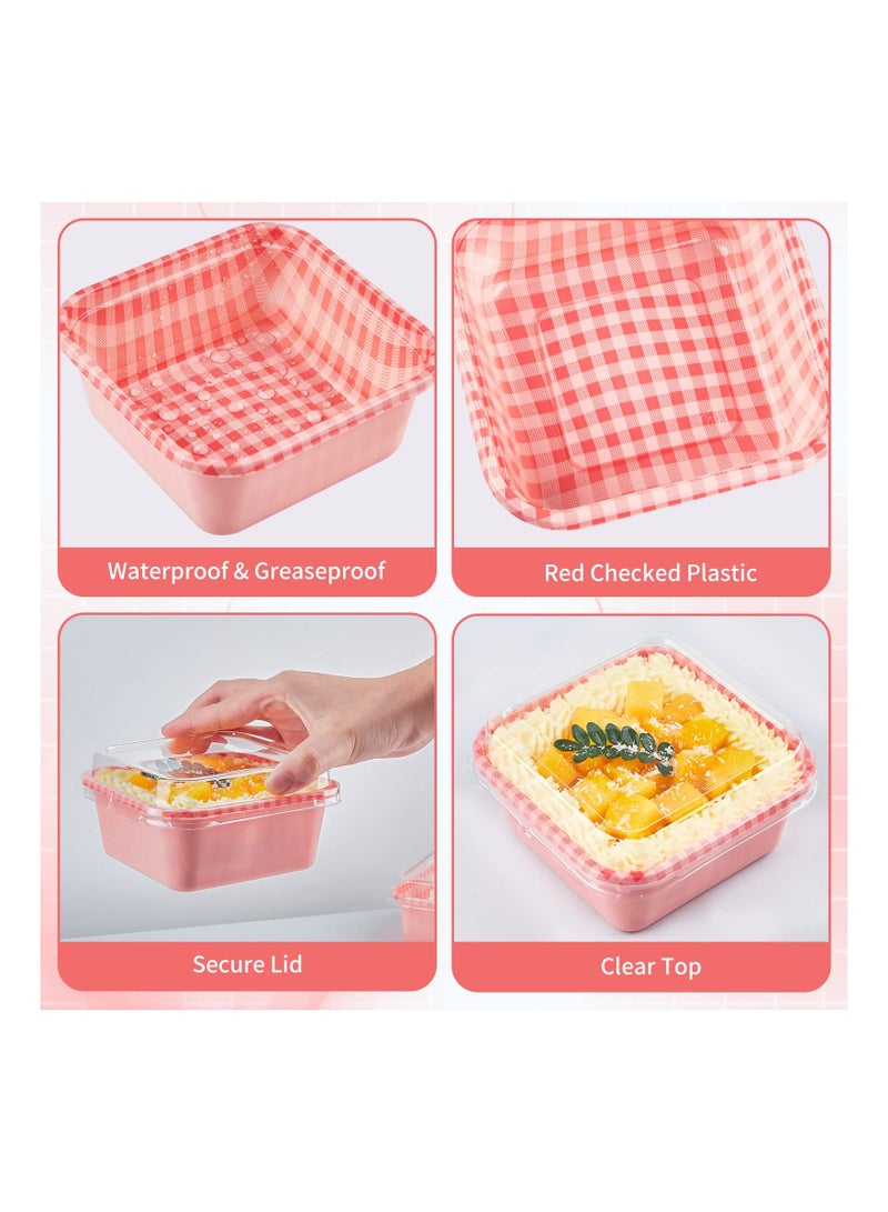 SOLARAE 50 Pack of Pink Plaid Charcuterie Boxes with Clear Lids - Plastic Dessert Cups for To-Go Picnic Food Containers, Perfect for Cake Slices, Bakery Desserts, Strawberries, Sandwiches, and Cookies. - Image 2