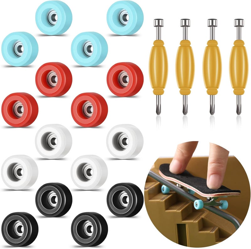 Zhehao 20 Pieces Fingerboard Tool Set Bearing Wheels with 4 Pieces Tool Screwdriver and Nut Driver Compatible with Most Fingerboard TrucksWhite Black Red Light Blue - Image 1