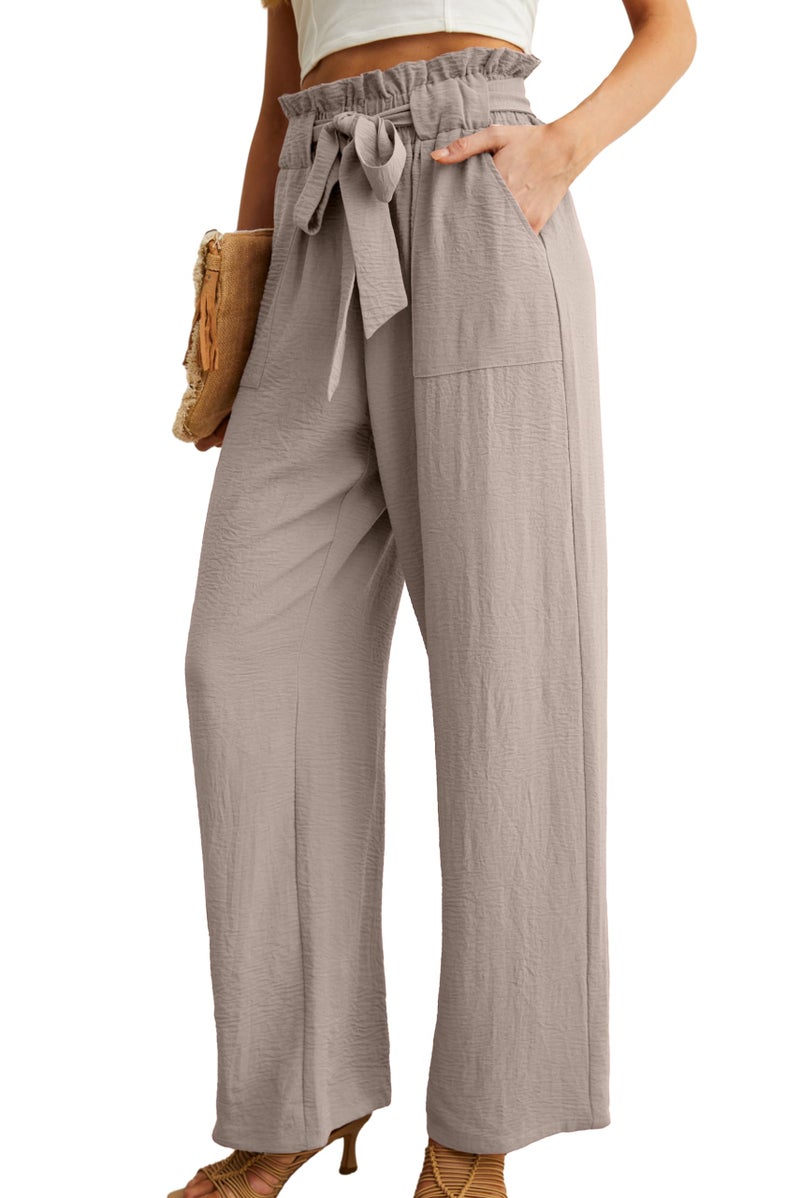 IWOLLENCE Women's Wide Leg Pants with Pockets High Waist Adjustable Knot Loose Casual Trousers Business Work Casual Pants Light Khaki Large - Image 2