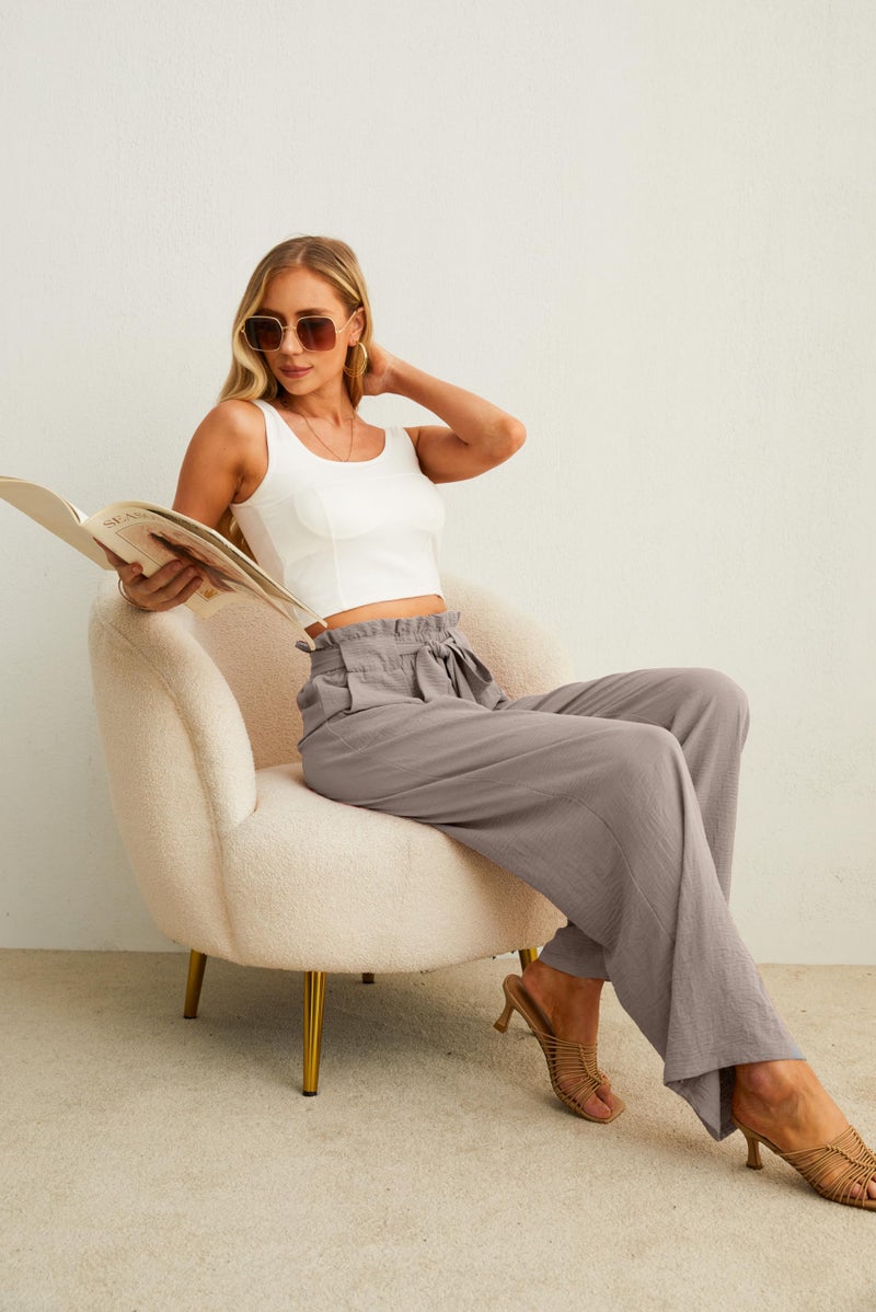 IWOLLENCE Women's Wide Leg Pants with Pockets High Waist Adjustable Knot Loose Casual Trousers Business Work Casual Pants Light Khaki Large - Image 5