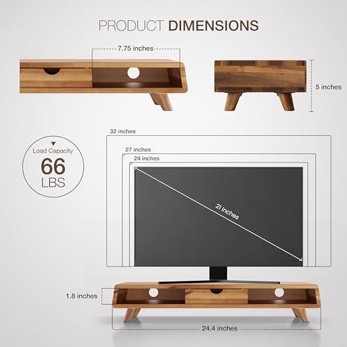 TINAMO Acacia Wood Monitor Stand with Drawer - Wooden Monitor Riser for Desk - Computer Monitor Stand for Desk - Multi-Purpose Desktop Storage Stand for Computer; Laptop; Printer; TV - 24.4 " x 8" x 5" (Patented) - Image 2