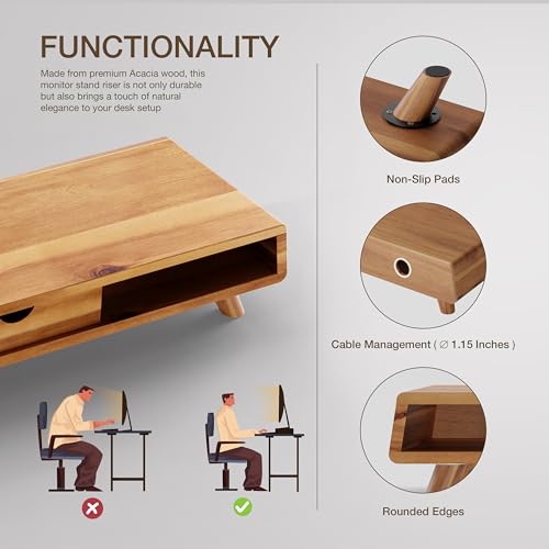 TINAMO Acacia Wood Monitor Stand with Drawer - Wooden Monitor Riser for Desk - Computer Monitor Stand for Desk - Multi-Purpose Desktop Storage Stand for Computer; Laptop; Printer; TV - 24.4 " x 8" x 5" (Patented) - Image 5