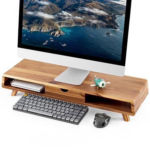 TINAMO Acacia Wood Monitor Stand with Drawer - Wooden Monitor Riser for Desk - Computer Monitor Stand for Desk - Multi-Purpose Desktop Storage Stand for Computer; Laptop; Printer; TV - 24.4 " x 8" x 5" (Patented) - Image 1