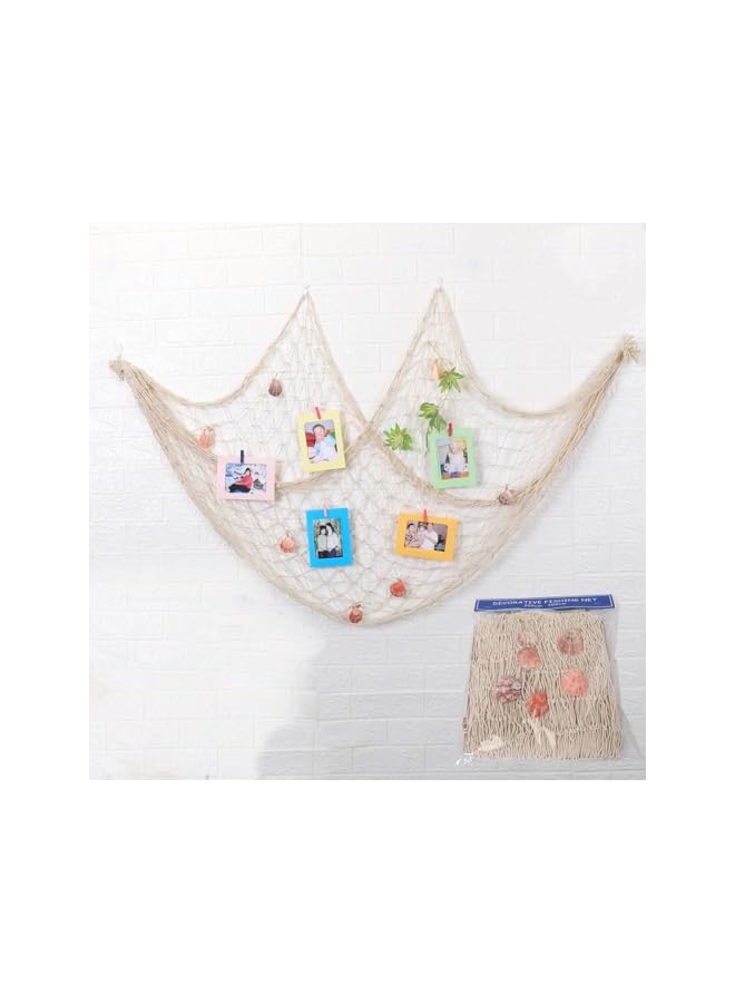 The Bros شبكة صيد زخرفية، نمط البحر الأبيض المتوسط مع قواقع ومرساة لتزيين المنزل (2م × 1م، بيج أبيض) - Image 2