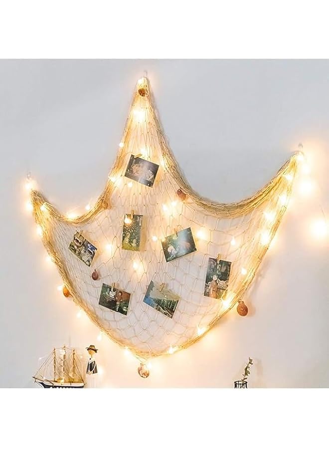 The Bros شبكة صيد زخرفية، نمط البحر الأبيض المتوسط مع قواقع ومرساة لتزيين المنزل (2م × 1م، بيج أبيض) - Image 1