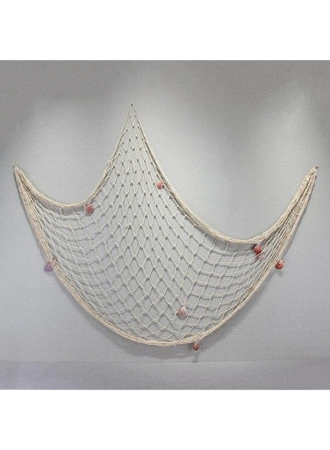 The Bros شبكة صيد زخرفية، نمط البحر الأبيض المتوسط مع قواقع ومرساة لتزيين المنزل (2م × 1م، بيج أبيض) - Image 3