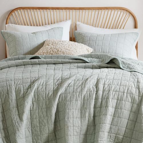 Hyde Lane Linen Quilt Set Queen Size - Breathable Box Stitched European Flax Bedding Set for Bedspread and Coverlet, with 2 Pillow Shams, 90"x96", Sage - Image 2
