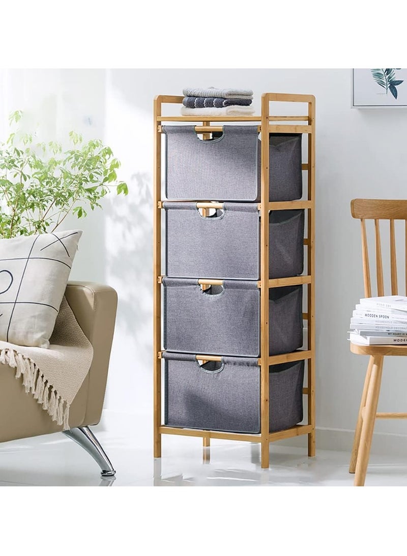 LEDIN 4 Tier Freestanding Storage Shelf Hamper with Pull Out Drawers for Towels Linens Sheets Clothes - Natural Bamboo Wooden Organizer Basket for Bedroom Bathroom Laundry  - Image 1