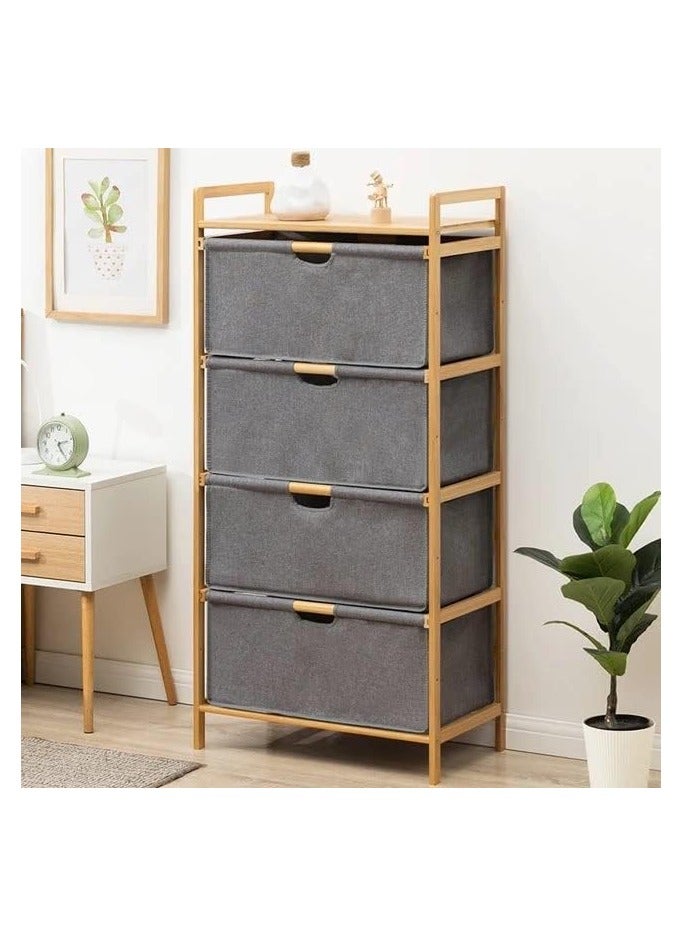 LEDIN 4 Tier Freestanding Storage Shelf Hamper with Pull Out Drawers for Towels Linens Sheets Clothes - Natural Bamboo Wooden Organizer Basket for Bedroom Bathroom Laundry  - Image 3