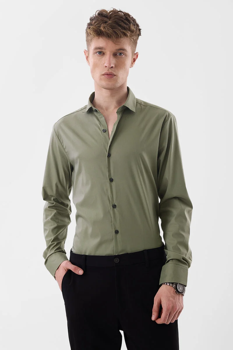 SNITCH Olive Solid Long Sleeve Slim Fit Luxe Shirt