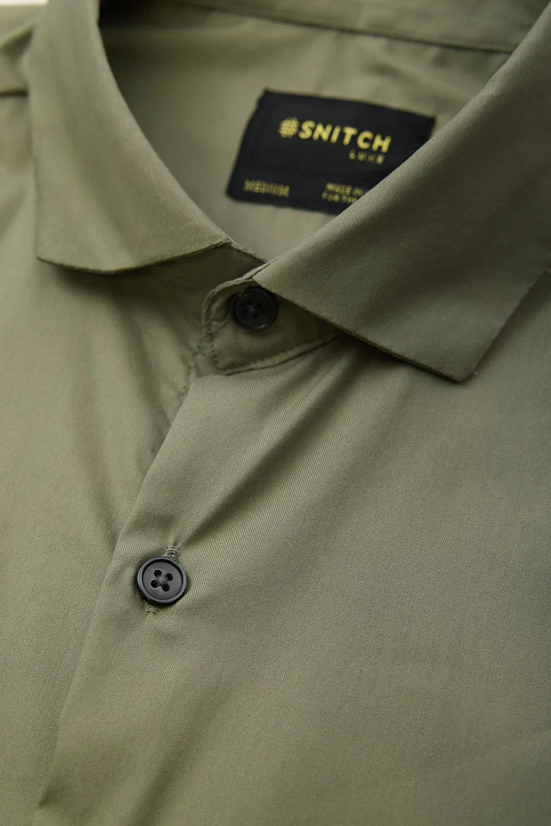 سنيتش Olive Solid Long Sleeve Slim Fit Luxe Shirt