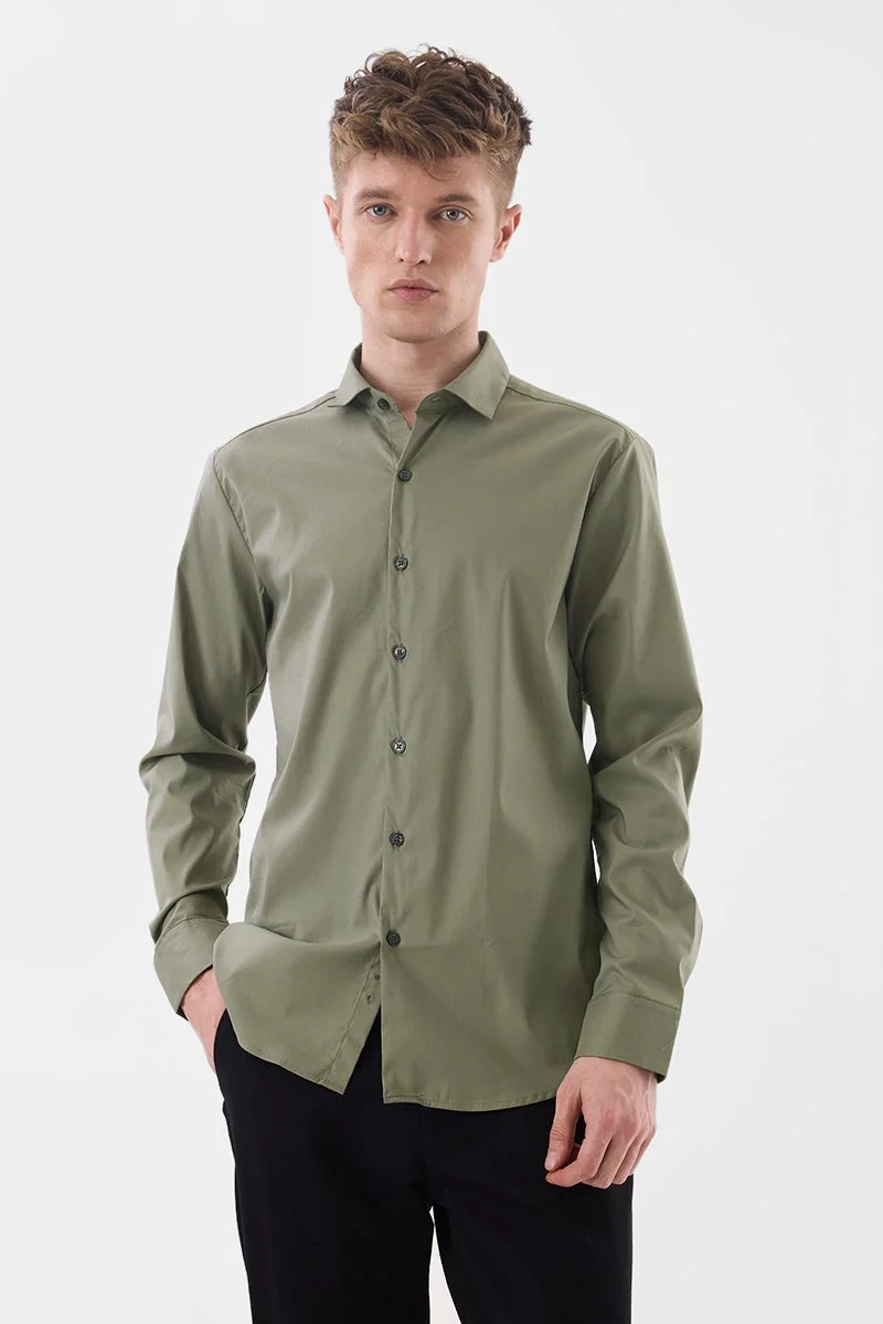 سنيتش Olive Solid Long Sleeve Slim Fit Luxe Shirt