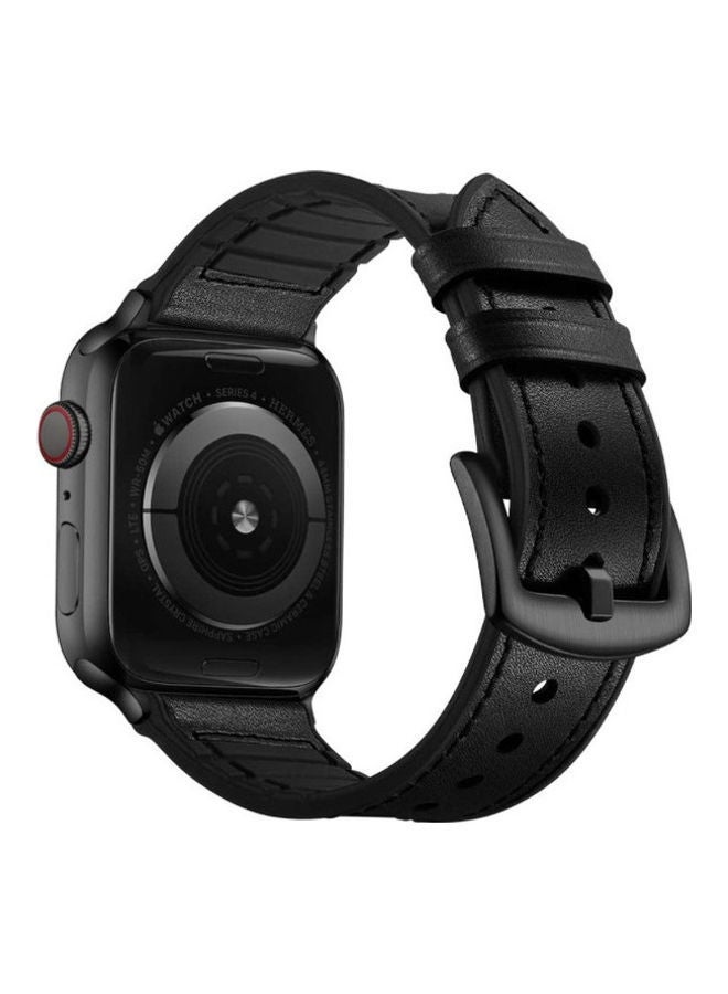 سوار من الجلد الطبيعي والمطاط مصنوع مزيج مواد مختلفة لساعة Apple iWatch Series 6/SE/5/4/3/2/1 أسود - Image 2