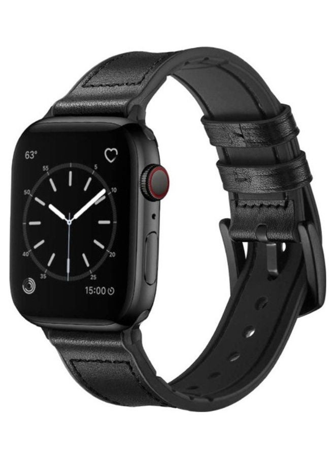 سوار من الجلد الطبيعي والمطاط مصنوع مزيج مواد مختلفة لساعة Apple iWatch Series 6/SE/5/4/3/2/1 أسود - Image 1