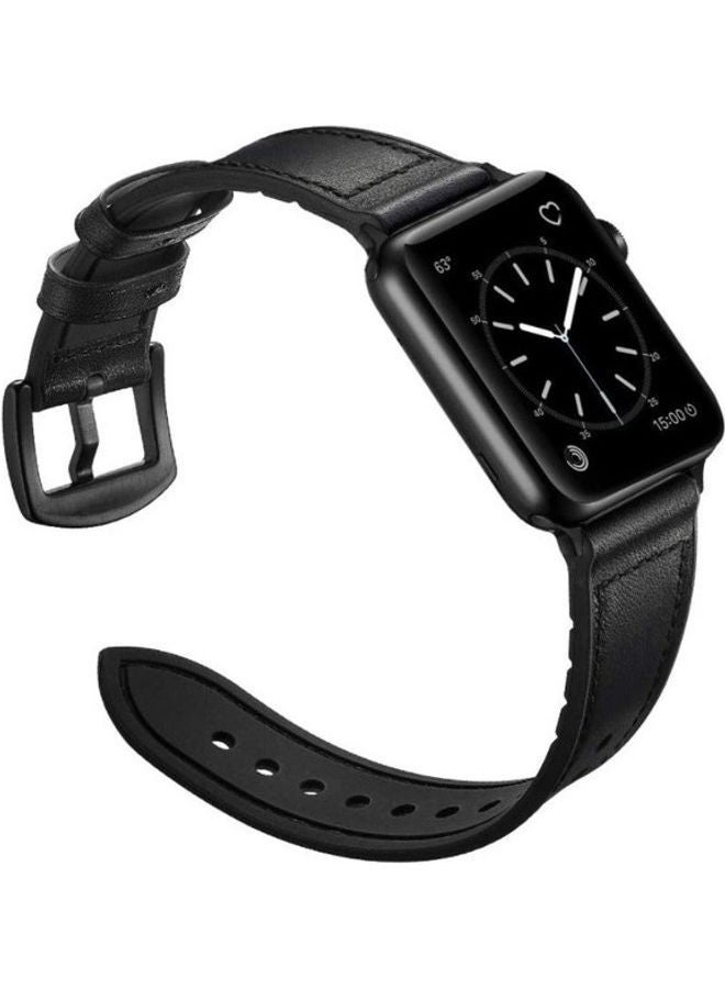 سوار من الجلد الطبيعي والمطاط مصنوع مزيج مواد مختلفة لساعة Apple iWatch Series 6/SE/5/4/3/2/1 أسود - Image 3