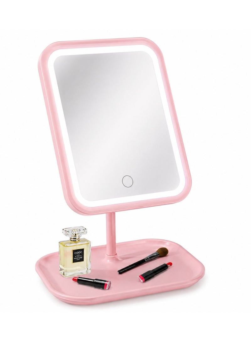 Pink Rechargeable Led Vanity Makeup Mirror With 3 Adjustable Light Modes, Touch Control, 90° Rotation & Storage Tray - Image 4