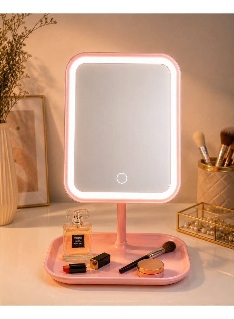 Pink Rechargeable Led Vanity Makeup Mirror With 3 Adjustable Light Modes, Touch Control, 90° Rotation & Storage Tray - Image 2