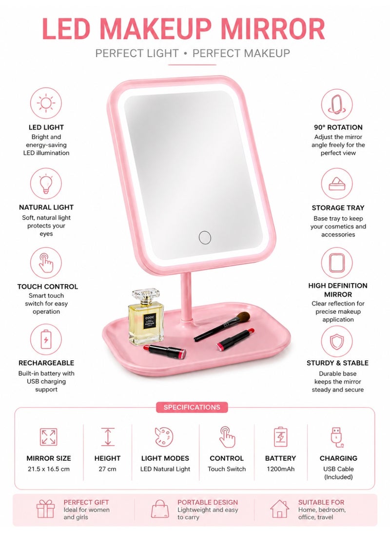 Pink Rechargeable Led Vanity Makeup Mirror With 3 Adjustable Light Modes, Touch Control, 90° Rotation & Storage Tray - Image 3