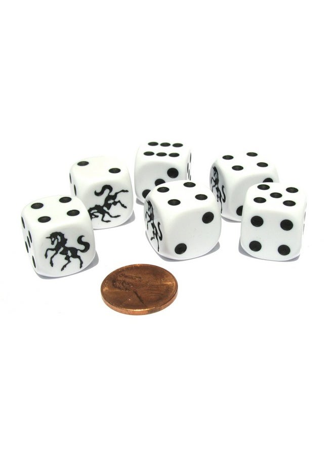 Set of 6 Unicorn 16mm D6 Round Edge Koplow Animal Dice - White with Black Pips by Koplow Games