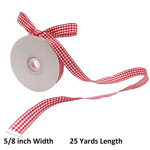 DAYEDZ Red and White Gingham Ribbon, 5/8" x 25Yd Roll Picnic Craft Red Buffalo Ribbon for Crafts Hair Accessories and Christmas Gift Wrapping,5/8 Inch Polyester Woven Edge +60" Tape Measurement - Image 2