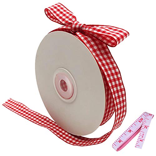 DAYEDZ Red and White Gingham Ribbon, 5/8" x 25Yd Roll Picnic Craft Red Buffalo Ribbon for Crafts Hair Accessories and Christmas Gift Wrapping,5/8 Inch Polyester Woven Edge +60" Tape Measurement - Image 1