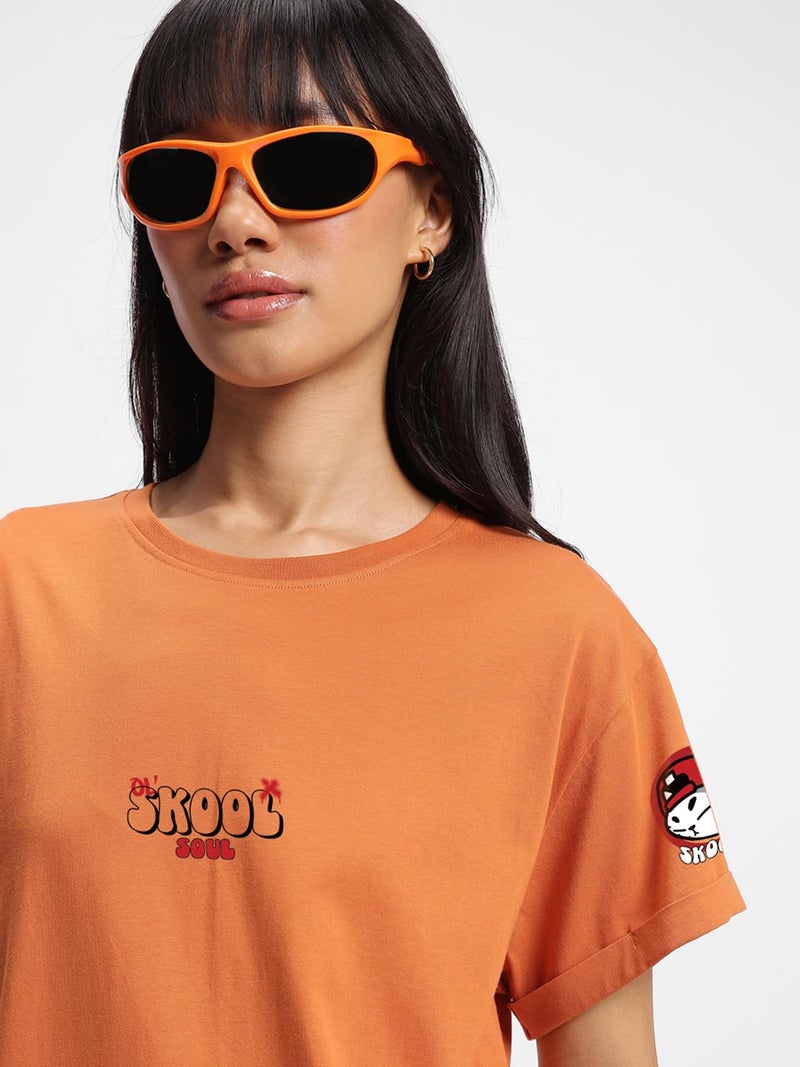 Bewakoof Women's Graphic Printed Boyfriend Fit Half Sleeve Round Neck Cotton T-Shirt_635956_Orange_3XL - Image 4