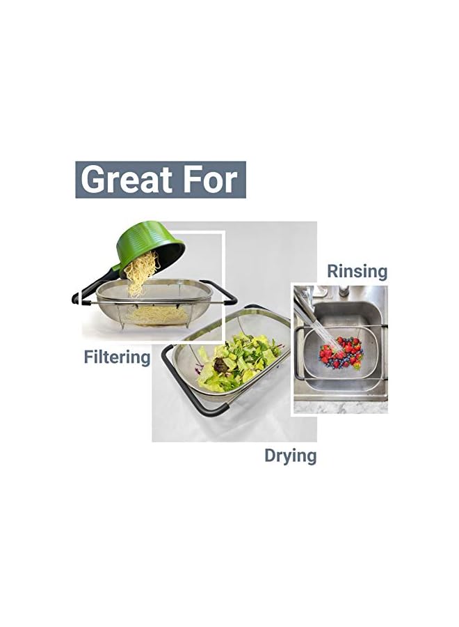 S-TOP Over the Sink Colander Strainer Basket Stainless Steel, For Kitchen Sink with Rubber Grip, Fine Mesh, Large Kitchen Gadgets Tools, Expandable Home Kitchen Essentials - Image 2