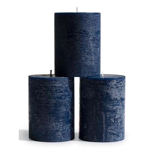 CANDWAX 3x4 inch Pillar Candles Set of 3 – Unscented Dripless Rustic Dark Blue Candles for Room Decor, Weddings, Centerpieces - Image 1
