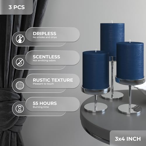 CANDWAX 3x4 inch Pillar Candles Set of 3 – Unscented Dripless Rustic Dark Blue Candles for Room Decor, Weddings, Centerpieces - Image 2