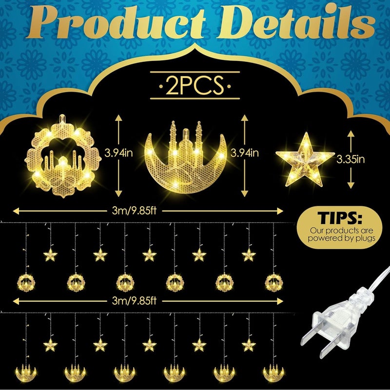 Riakrum 2 Pack Eid Mubarak Fairy Curtain Lights 984 ft Star Moon Castle Lights LED Window Star Lights for Ramadan Home Decoration Gifts Wedding Christmas Eid Party Indoor Holiday - Image 2