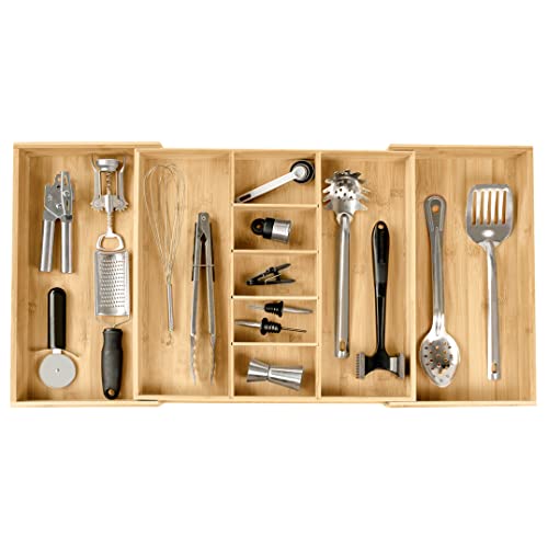 KitchenEdge Adjustable Kitchen Drawer Organizer for Utensils and Junk FoodSafe Contract Grade with 100 Sustainable Wood Expandable from 19 to 33 Inches Wide Natural Bamboo