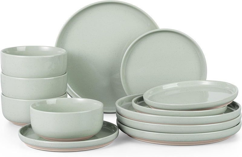 HaWare Stoneware Dinnerware Sets 12Piece Plates and Bowls Set for 4 Dishes Set for Home Restaurant Speckled Asparagus Green - Image 1
