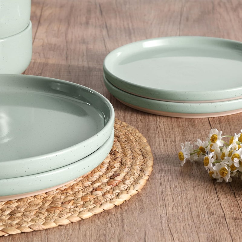 HaWare Stoneware Dinnerware Sets 12Piece Plates and Bowls Set for 4 Dishes Set for Home Restaurant Speckled Asparagus Green - Image 3