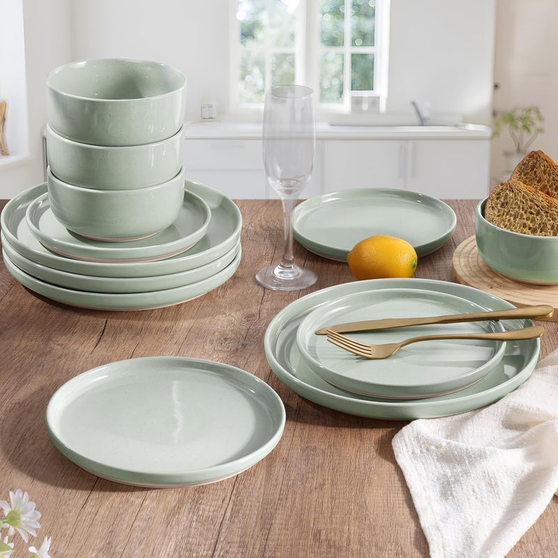 HaWare Stoneware Dinnerware Sets 12Piece Plates and Bowls Set for 4 Dishes Set for Home Restaurant Speckled Asparagus Green - Image 4