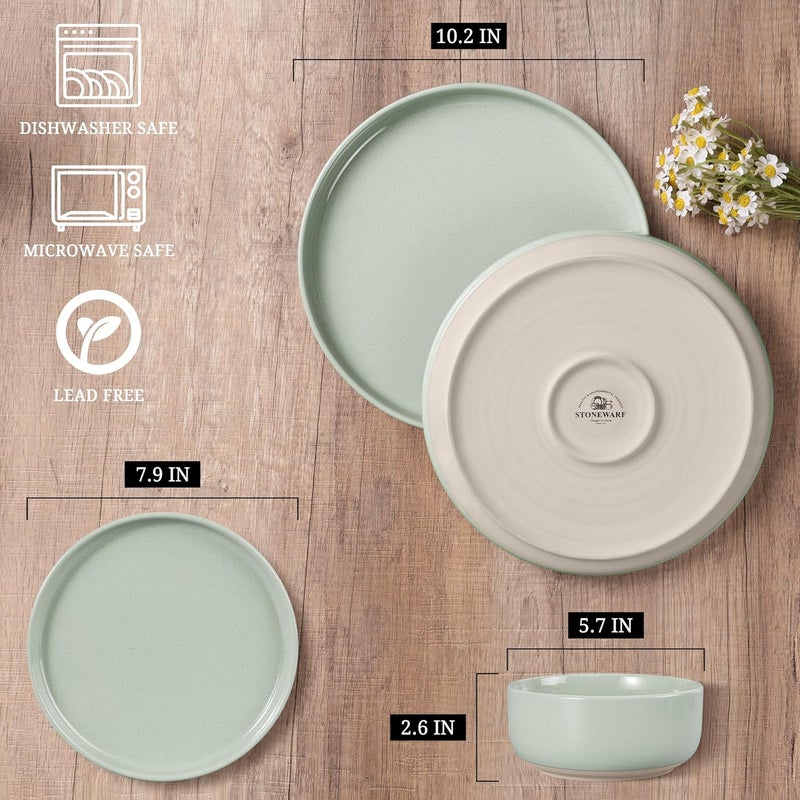 HaWare Stoneware Dinnerware Sets 12Piece Plates and Bowls Set for 4 Dishes Set for Home Restaurant Speckled Asparagus Green - Image 2