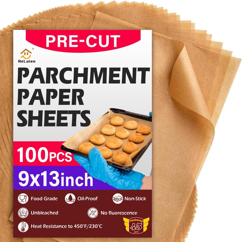 ReLuien Parchment Paper Sheets, 9x13 In Unbleached Non-Stick Parchment Paper for Baking, Grilling, Air Fryer, Steaming, and More,100PCS Baking Paper Perfect for Bread, Cakes, Cookies - Image 1