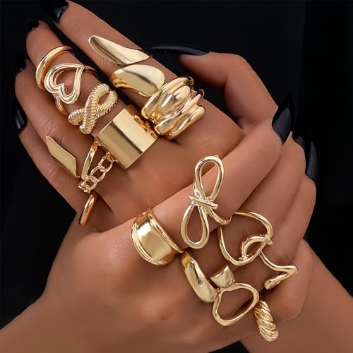 IFKM Gold Chunky Rings Set for Women 14k Gold Plated Thick Dome Stackable Open Rings Trendy Dainty Minimalist Jewelry Gifts (Geometric metal wind, Gold) - Image 2