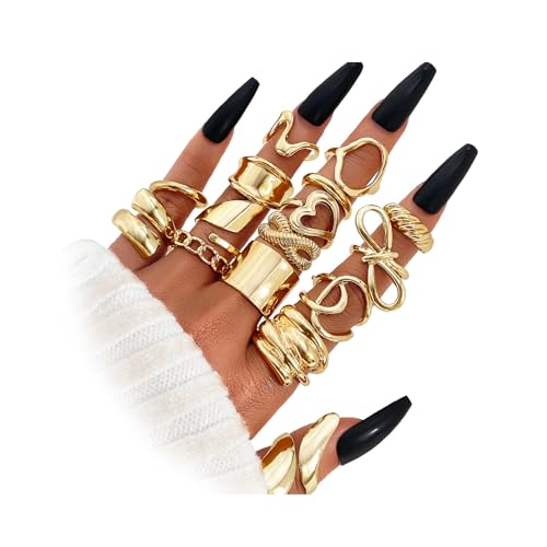IFKM Gold Chunky Rings Set for Women 14k Gold Plated Thick Dome Stackable Open Rings Trendy Dainty Minimalist Jewelry Gifts (Geometric metal wind, Gold) - Image 1