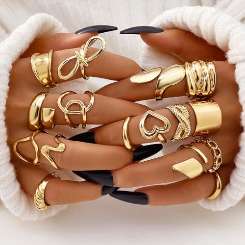 IFKM Gold Chunky Rings Set for Women 14k Gold Plated Thick Dome Stackable Open Rings Trendy Dainty Minimalist Jewelry Gifts (Geometric metal wind, Gold) - Image 3