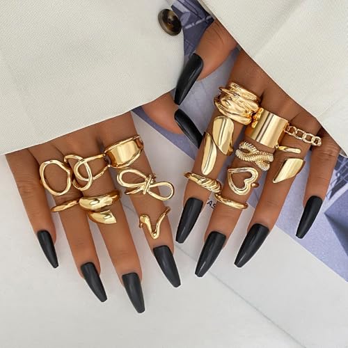 IFKM Gold Chunky Rings Set for Women 14k Gold Plated Thick Dome Stackable Open Rings Trendy Dainty Minimalist Jewelry Gifts (Geometric metal wind, Gold) - Image 4
