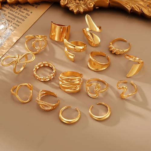 IFKM Gold Chunky Rings Set for Women 14k Gold Plated Thick Dome Stackable Open Rings Trendy Dainty Minimalist Jewelry Gifts (Geometric metal wind, Gold) - Image 5