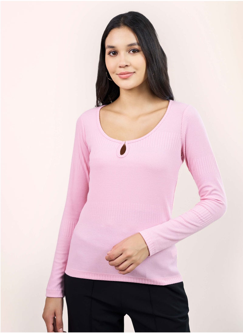 Salt Attire Women's Chic Pink Scoop Neckline Top with Elegant Keyhole Detail and Full Length Sleeves in Regular Fit Perfect for Stylish Everyday Wear and Special Occasions  - Image 1