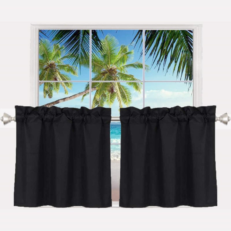 Pickluc 24 Inch Long Tier Curtains for Small Window Treatment Short Blackout Curtain with Rod Pocket  Half Window Curtains for Kitchen Cabinet Basement Camper 2 Panels Black 30 Inches Wide