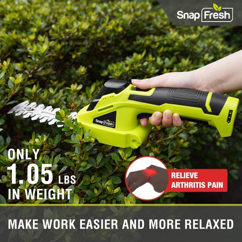 SnapFresh مقص العشب اللاسلكي ومقص الشجيرات، 2 في 1 مقص شجيرات محمول، 7.2 فولت مقصات العشب الكهربائية، مقصات خفيفة الوزن مع بطارية وشاحن متضمن، مقص شجيرات للحديقة (أخضر) - Image 3