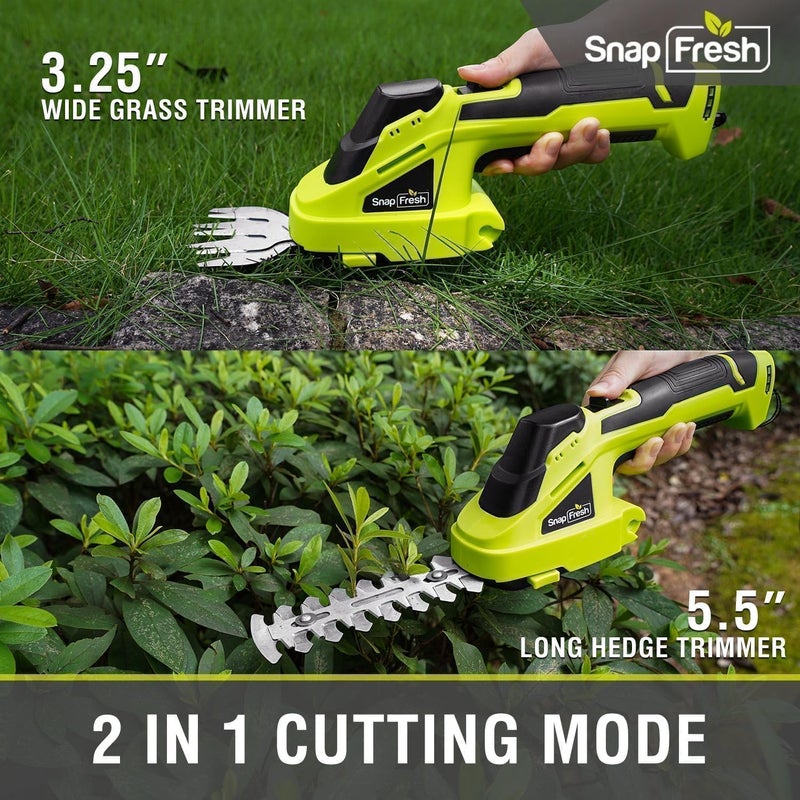 SnapFresh مقص العشب اللاسلكي ومقص الشجيرات، 2 في 1 مقص شجيرات محمول، 7.2 فولت مقصات العشب الكهربائية، مقصات خفيفة الوزن مع بطارية وشاحن متضمن، مقص شجيرات للحديقة (أخضر) - Image 2