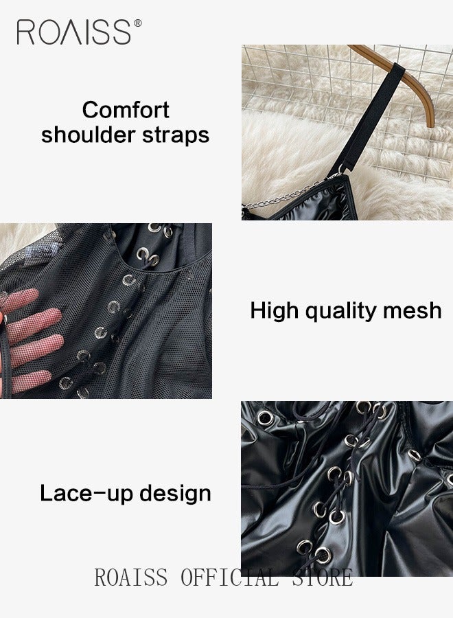 roaiss One Piece Lingerie Suit for Women with Chain Decoration Punk Style Patent Leather Mesh Yarn with Cross Strappy Underwear Set Lace Bodysuit Set for Cosplay or Nightwear  - Image 2