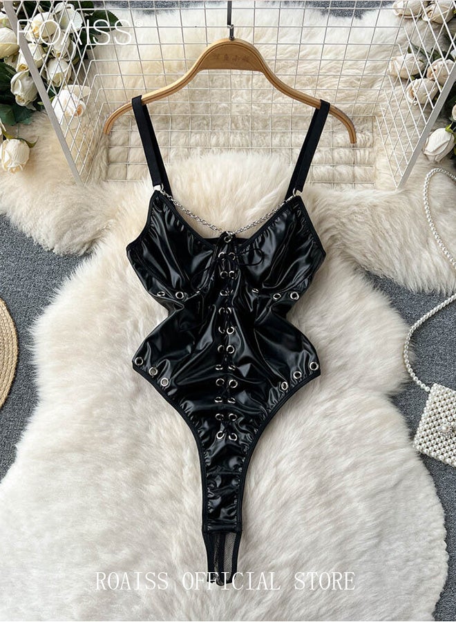 roaiss One Piece Lingerie Suit for Women with Chain Decoration Punk Style Patent Leather Mesh Yarn with Cross Strappy Underwear Set Lace Bodysuit Set for Cosplay or Nightwear  - Image 1