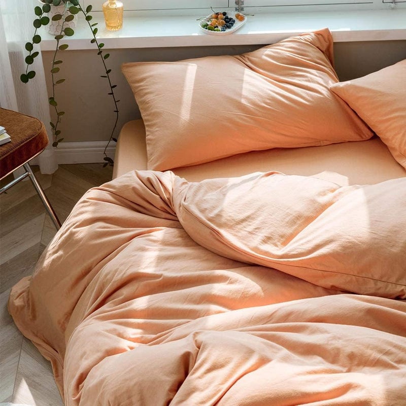 AMWAN Peach Pink Color Duvet Cover Twin Solid Orange Bedding Set 100% Knitted Cotton Comforter Cover Solid Color Duvet Cover Hotel Quality Luxury Bedding Set 1 Duvet Cover with 2 Pillowcases - Image 4